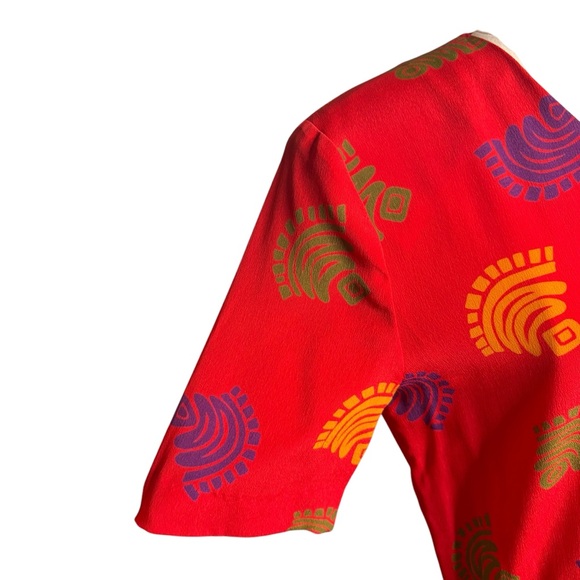 🔴5 for $40 SALE ! Bichon Red Midi 1/2 Button Up A Line Print Dress sz 6 - Picture 4 of 9